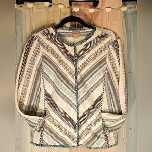 Chico's Chevron Patterned Snap Jacket In Blues EUC Size 1